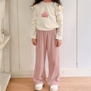 Cream Ruffle Long Sleeve Top and Pink Pants Set